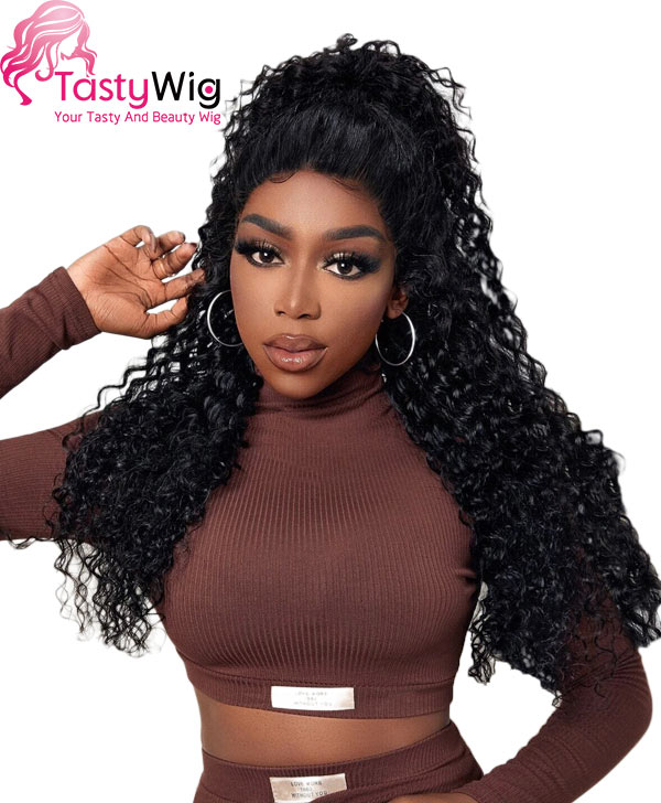 24 Inch Deep Wave Black Human Hair Lace Frontal Wigs -TastyWig