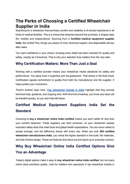 The Perks of Choosing a Certified Wheelchair Supplier in India | PDF