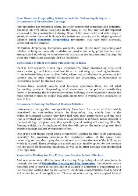 Steel Structure Fireproofing Solutions in India: Enhancing Safety with Intumescent & Vermiculite Coatings | PDF
