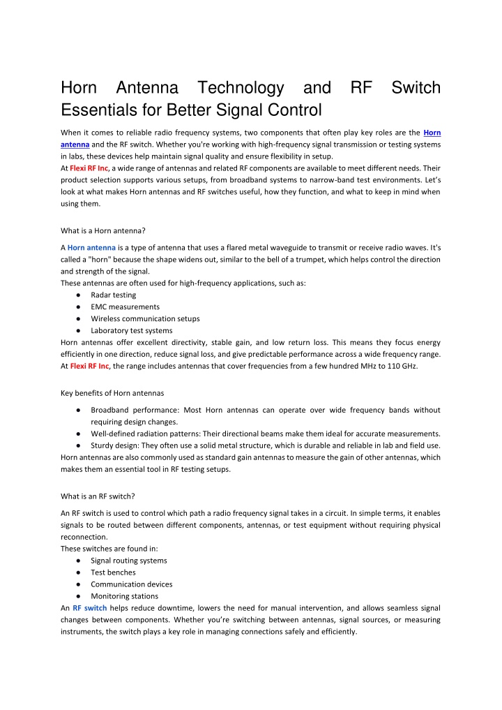 PPT - Horn Antenna Technology and RF Switch Essentials for Better Signal Control PowerPoint Presentation - ID:14436663