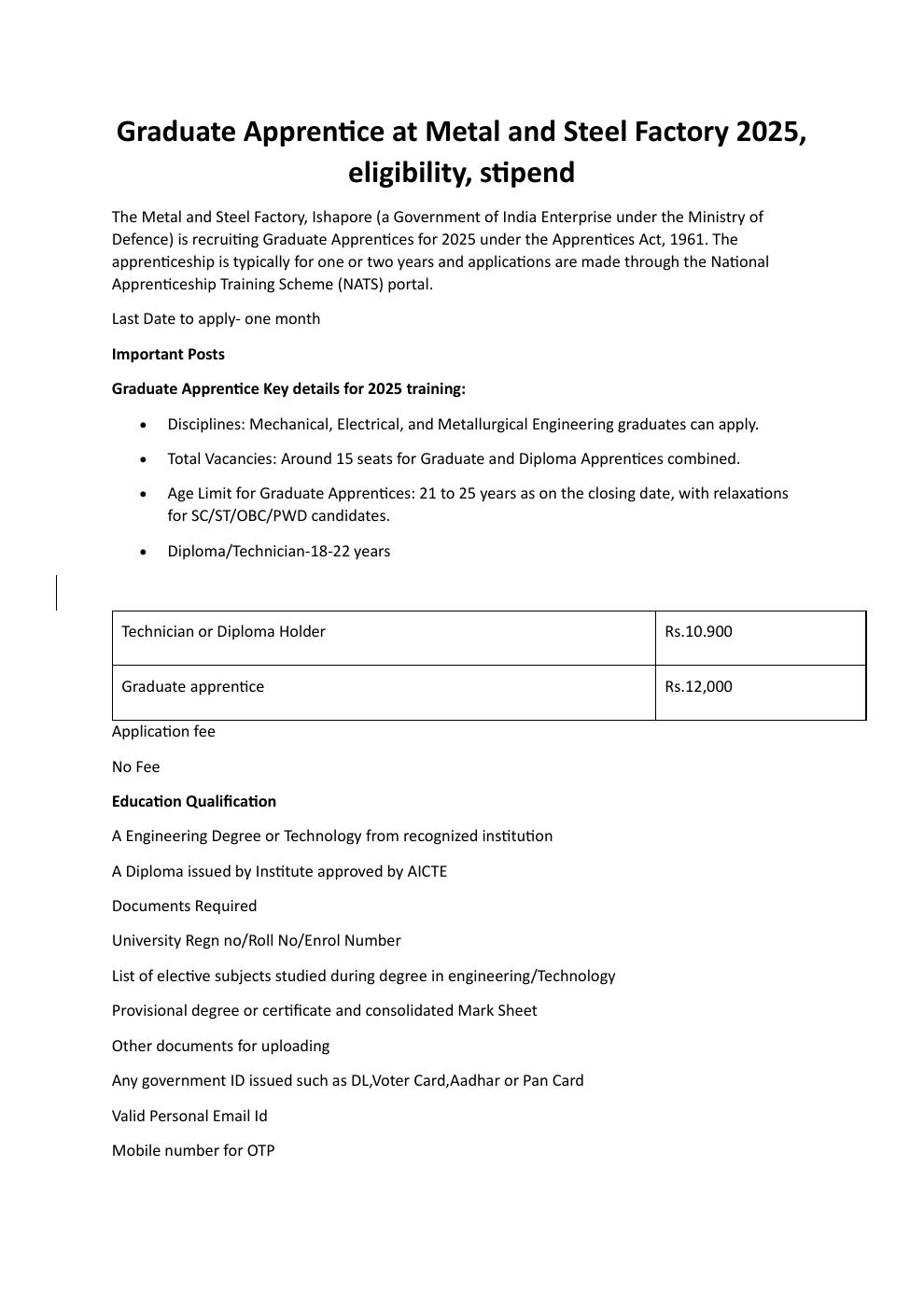 Graduate Apprentice at Metal and Steel Factory 2025