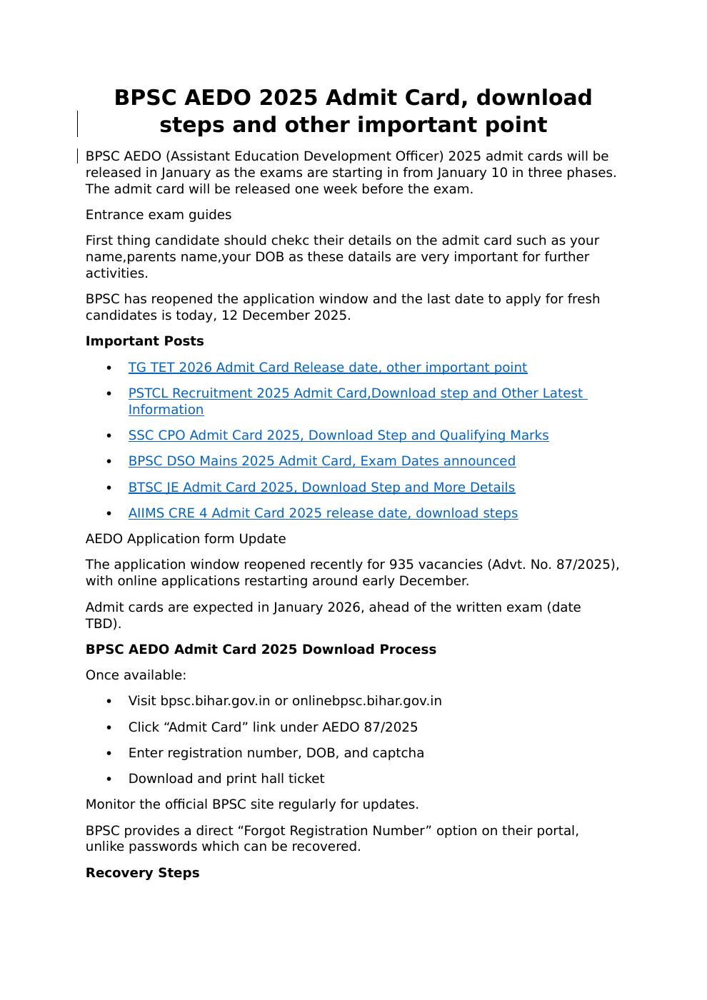 BPSC AEDO 2025 Admit Card