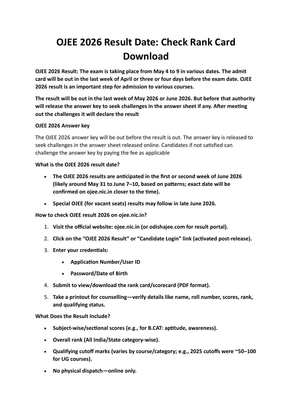 OJEE 2026 Result Date: Check Rank Card Download