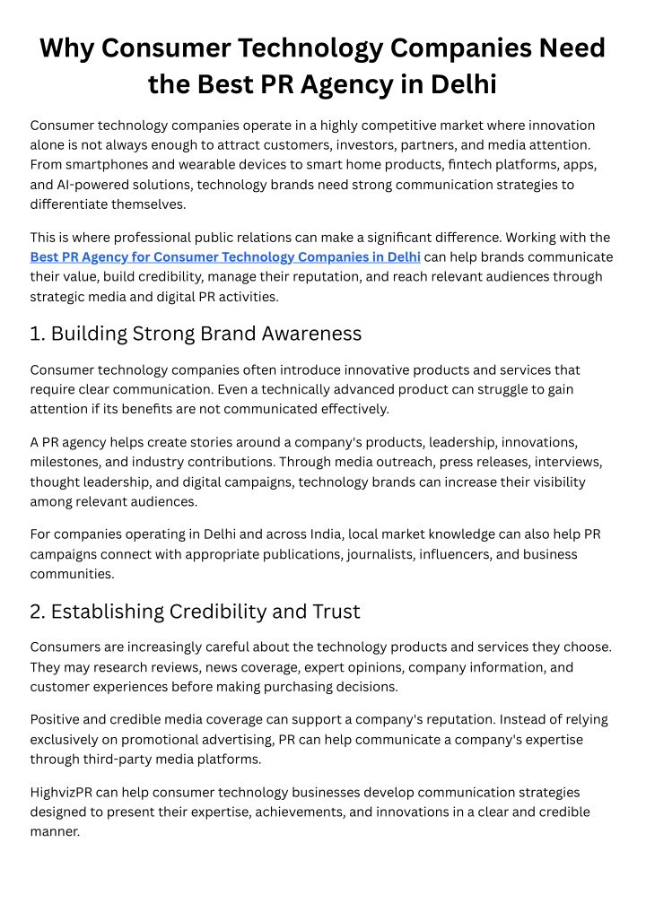 Why Consumer Technology Companies Need the Best PR Agency in Delhi